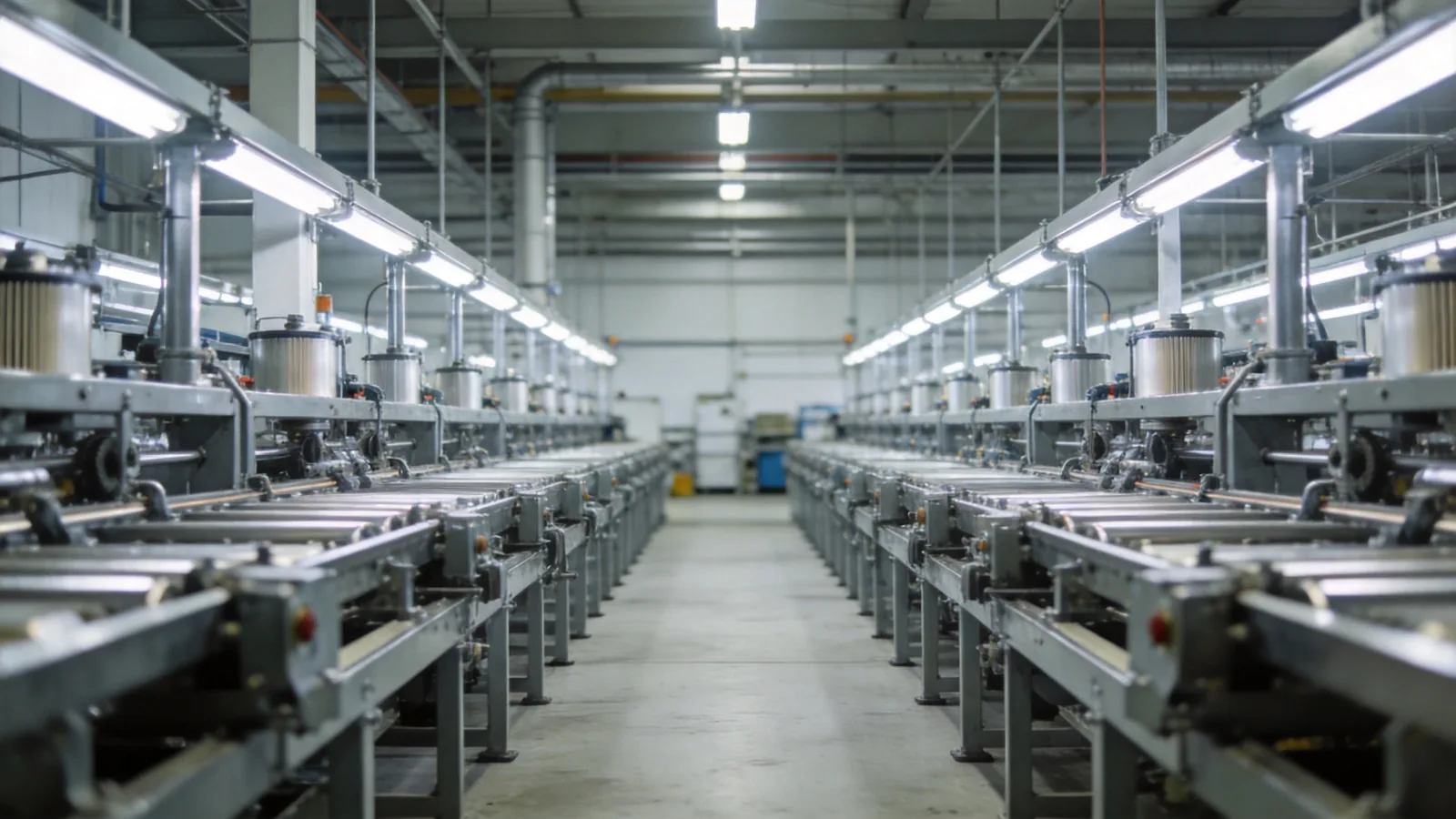 Wide view of a filter manufacturing workshop with steel production machinery