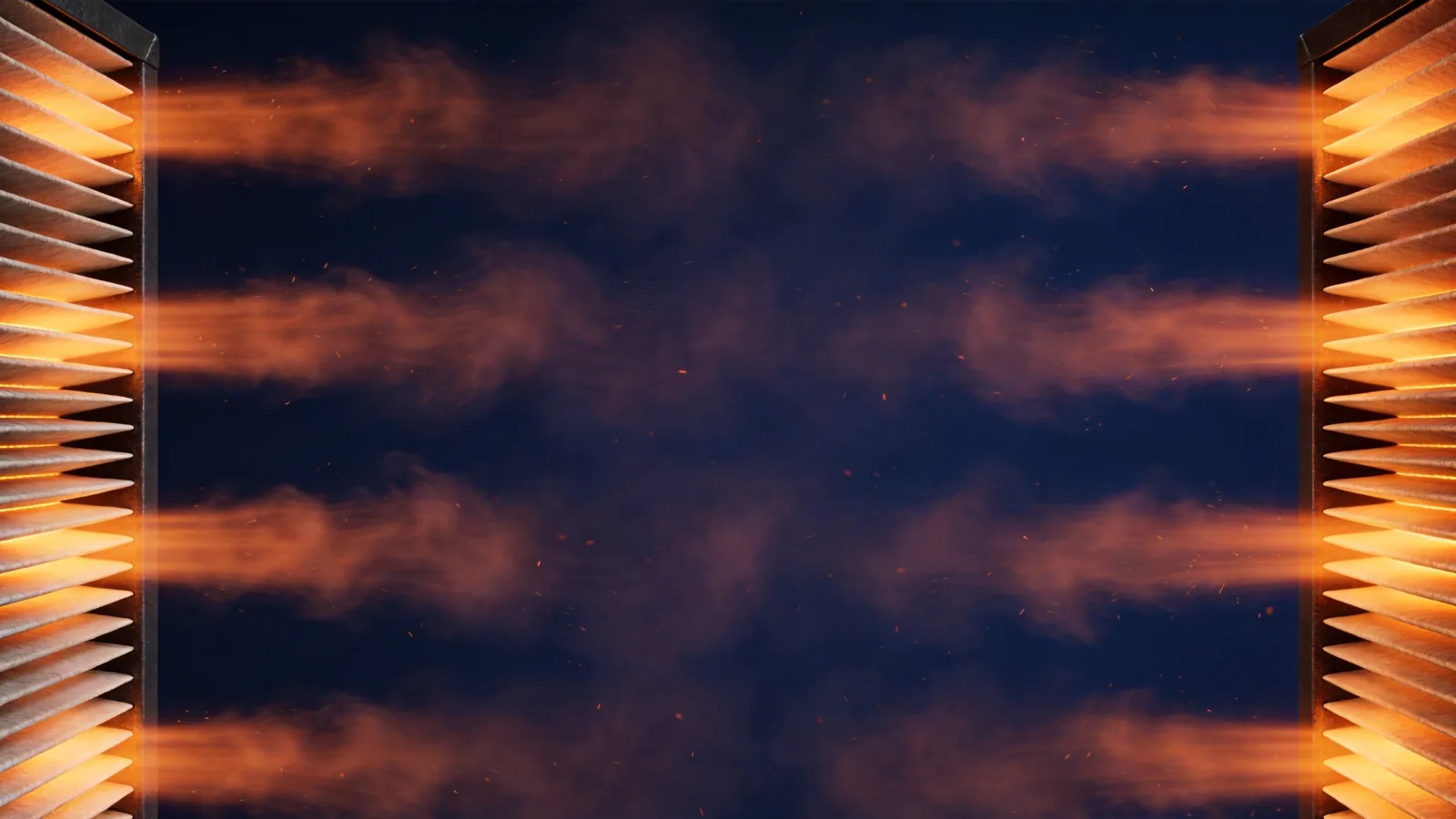 Pleated air filter with orange airflow particles streaming through the folds against a deep navy background